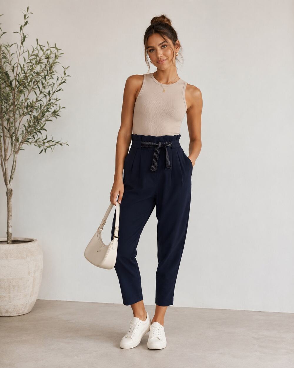 Massimo Dutti Navy Blue Knit Paperbag Waist Trouser Pants Womens 4 Casual